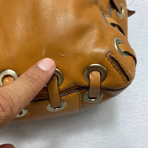 VINTAGE Michael Kors ASTOR BRAID Handbag Camel Leather Grommet Satchel Y2K - Picture 9 of 15